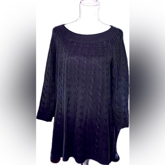 CHARTER CLUB Navy 3/4 sleeve Cable Knit Sweater Boatneck wide collar Sz L Excel - Picture 1 of 5